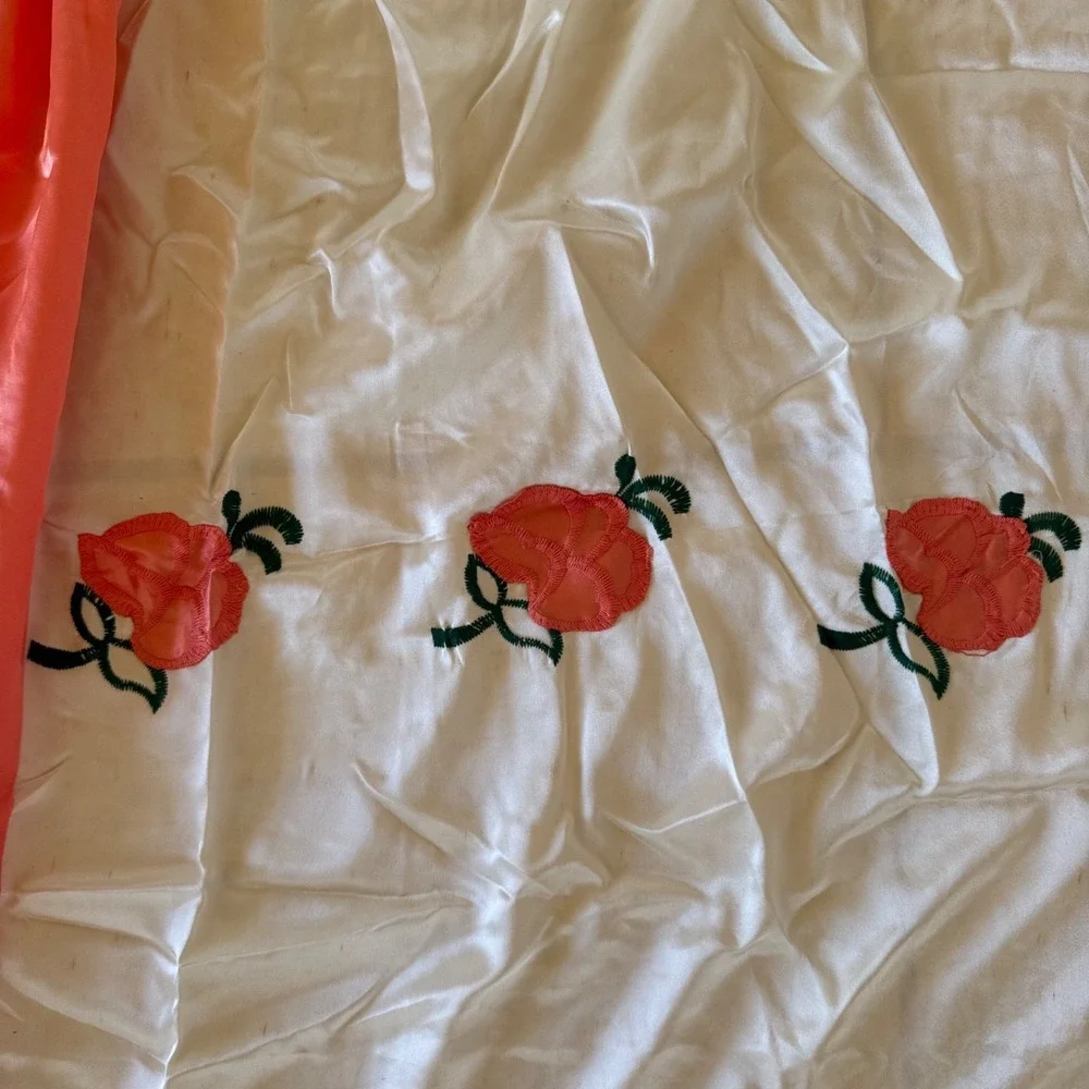 Vintage Peach Ecru Satin Embroidered Curtain Set Festoon Floral 48x95 NOS Farm‎
